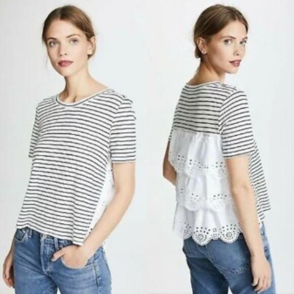 JOIE White Blue Striped Ruffle Tiered Eyelet Lace Back Tee Shirt Relaxed Top S - Picture 9 of 10